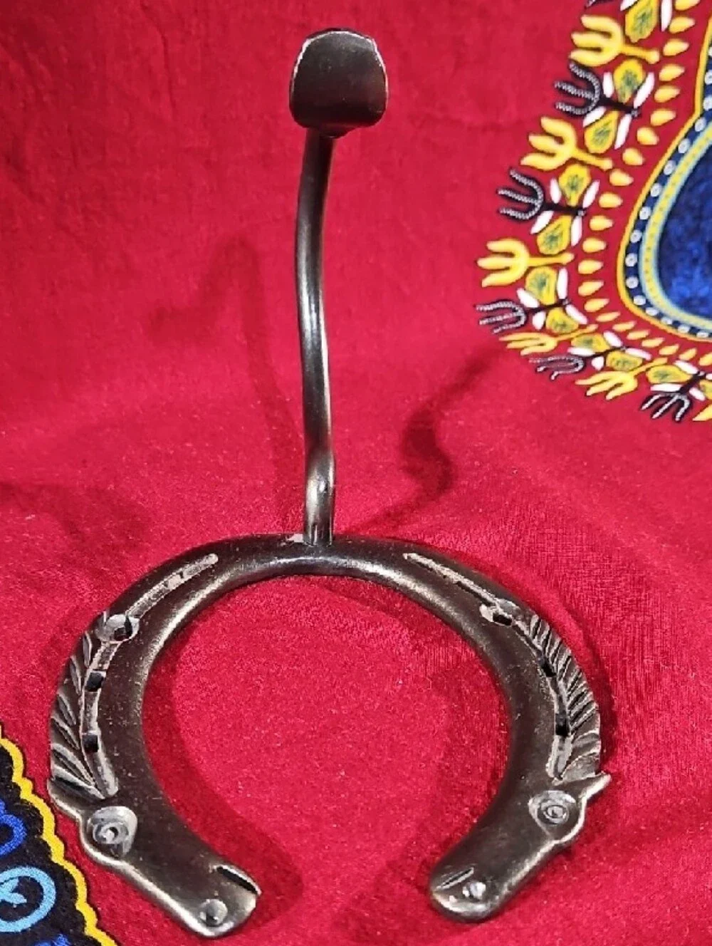 Authentic Rustic Hand Forged Iron Horseshoe Wall Hook with Horse Heads